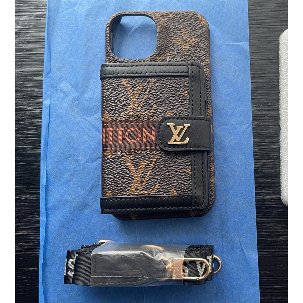 iPhone 15 normal crossbody-wallet Brown and Black Phone Case.